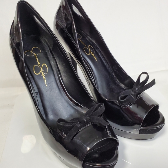 Jessica Simpson Size 8B Black Patent Leather Shoes peep toe bow - Picture 3 of 12